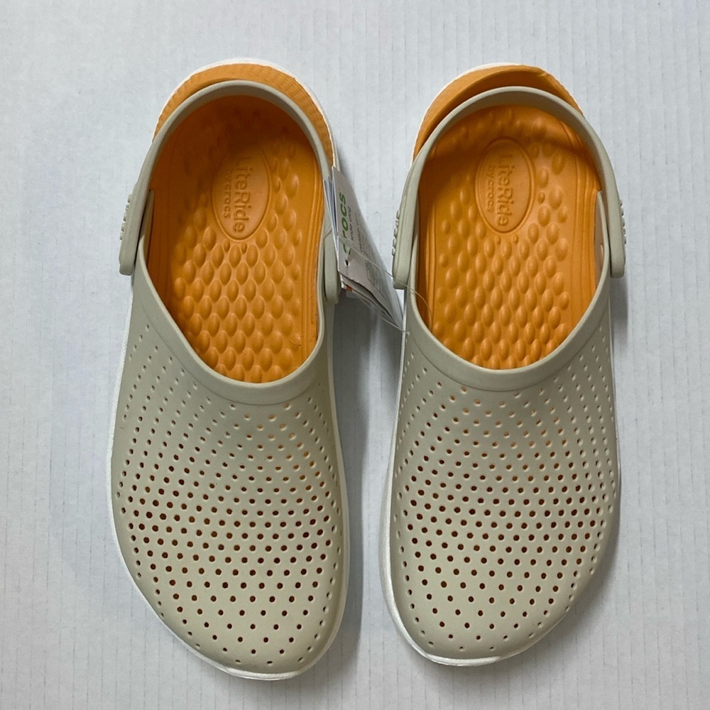 New CROCS classic Literide tan and‎ orange clogs slip ons